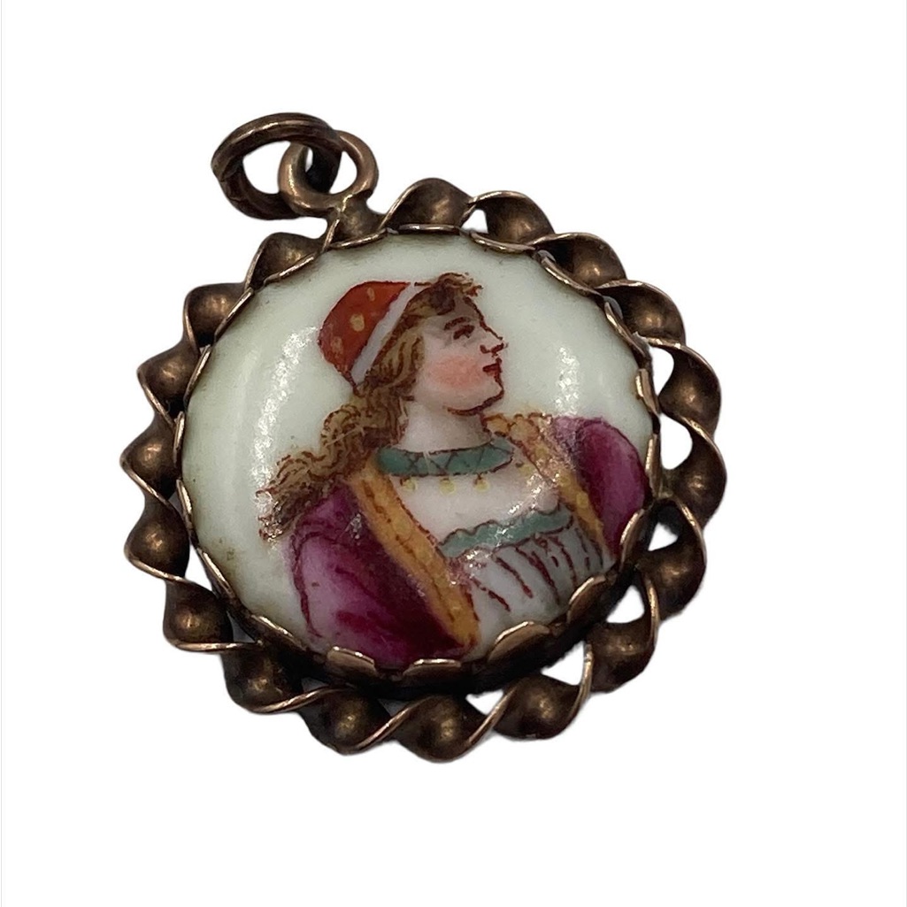 Antique 14k Hand Painted Porcelain Portrait Pendant